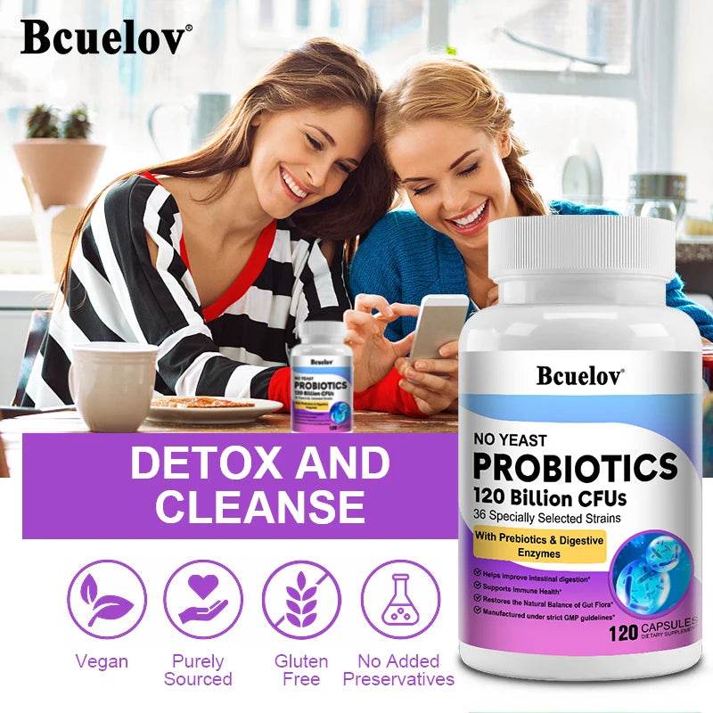 Bcuelov Probiotics 120 Billion CFU - 36 Strains with Prebiotics & Digestive Enzymes for Intestinal Digestion and Immune Support