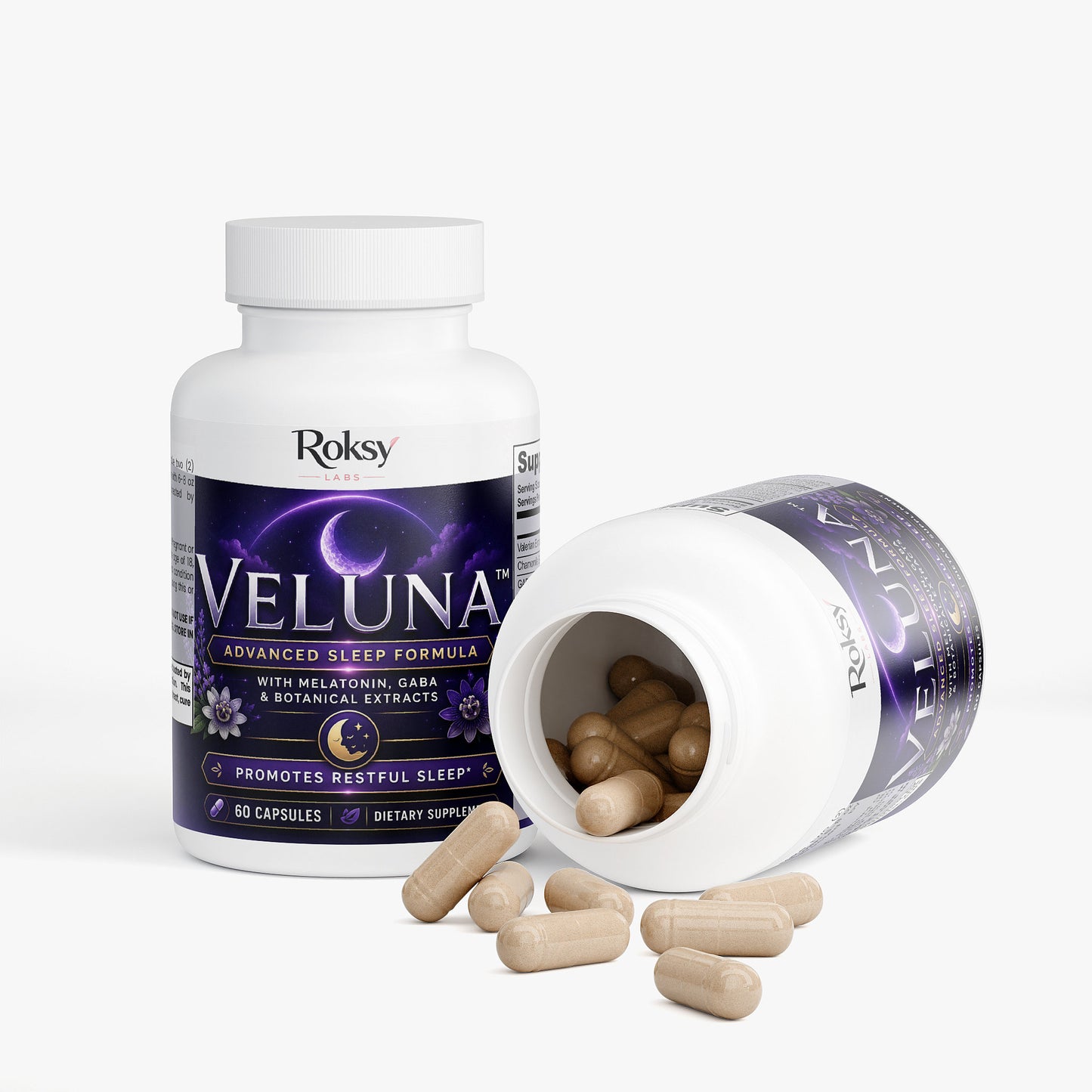 Veluna sleep supplement bottle with open lid showing capsules on a white background