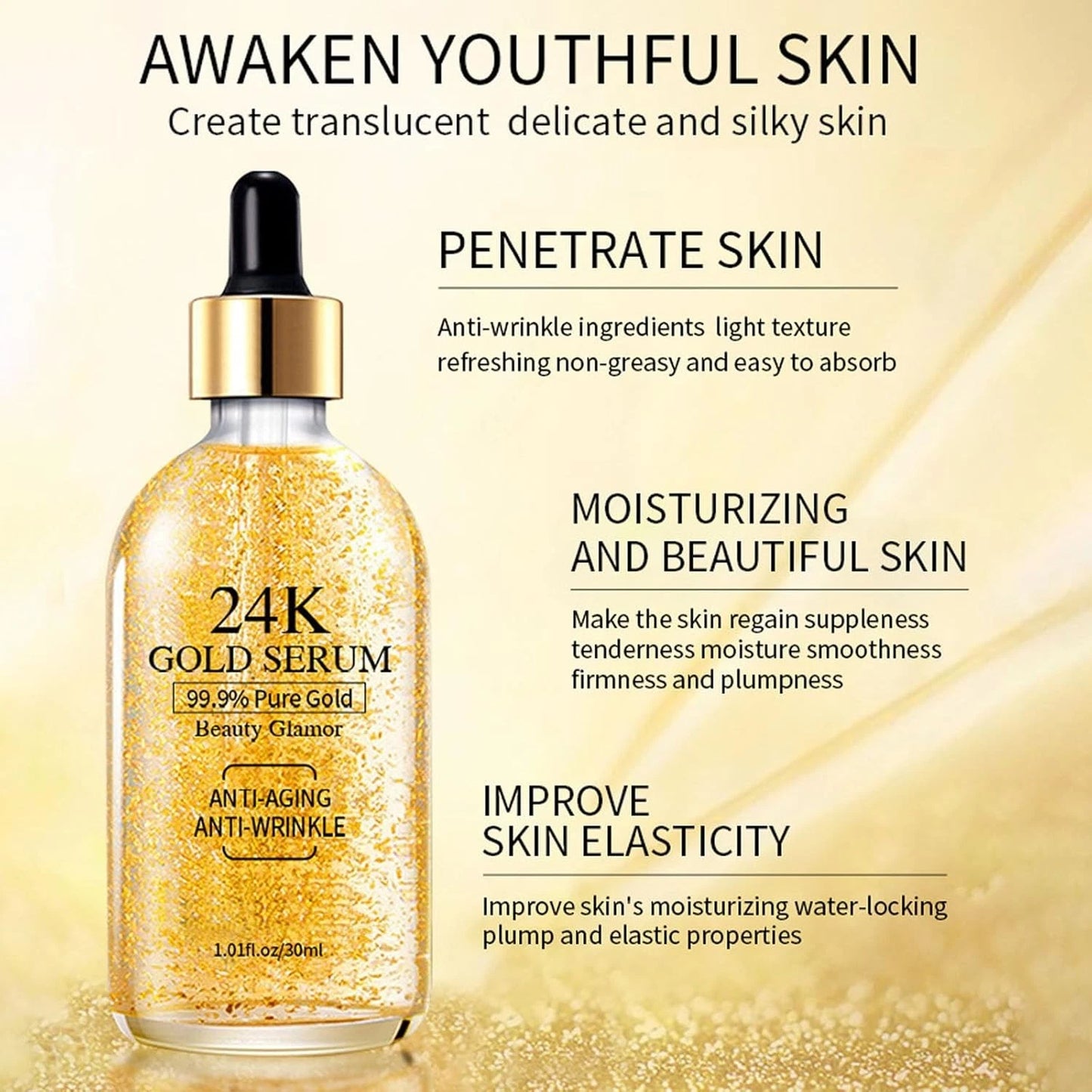 ROKSY 24K Gold Serum in a 1.0 fl oz bottle, best serum anti aging for moisturizing and improving skin elasticity