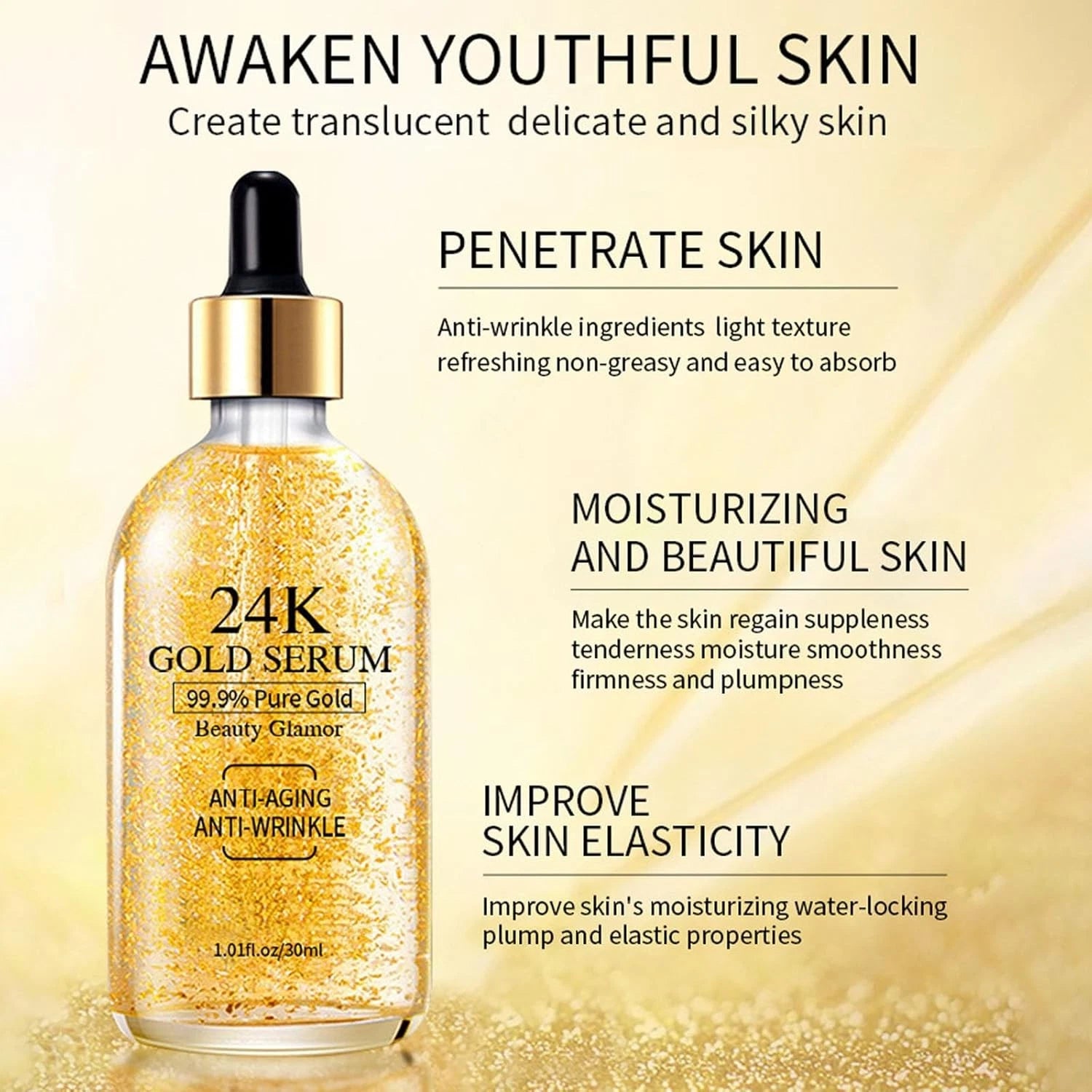 ROKSY 24K Gold Serum in a 1.0 fl oz bottle, best serum anti aging for moisturizing and improving skin elasticity