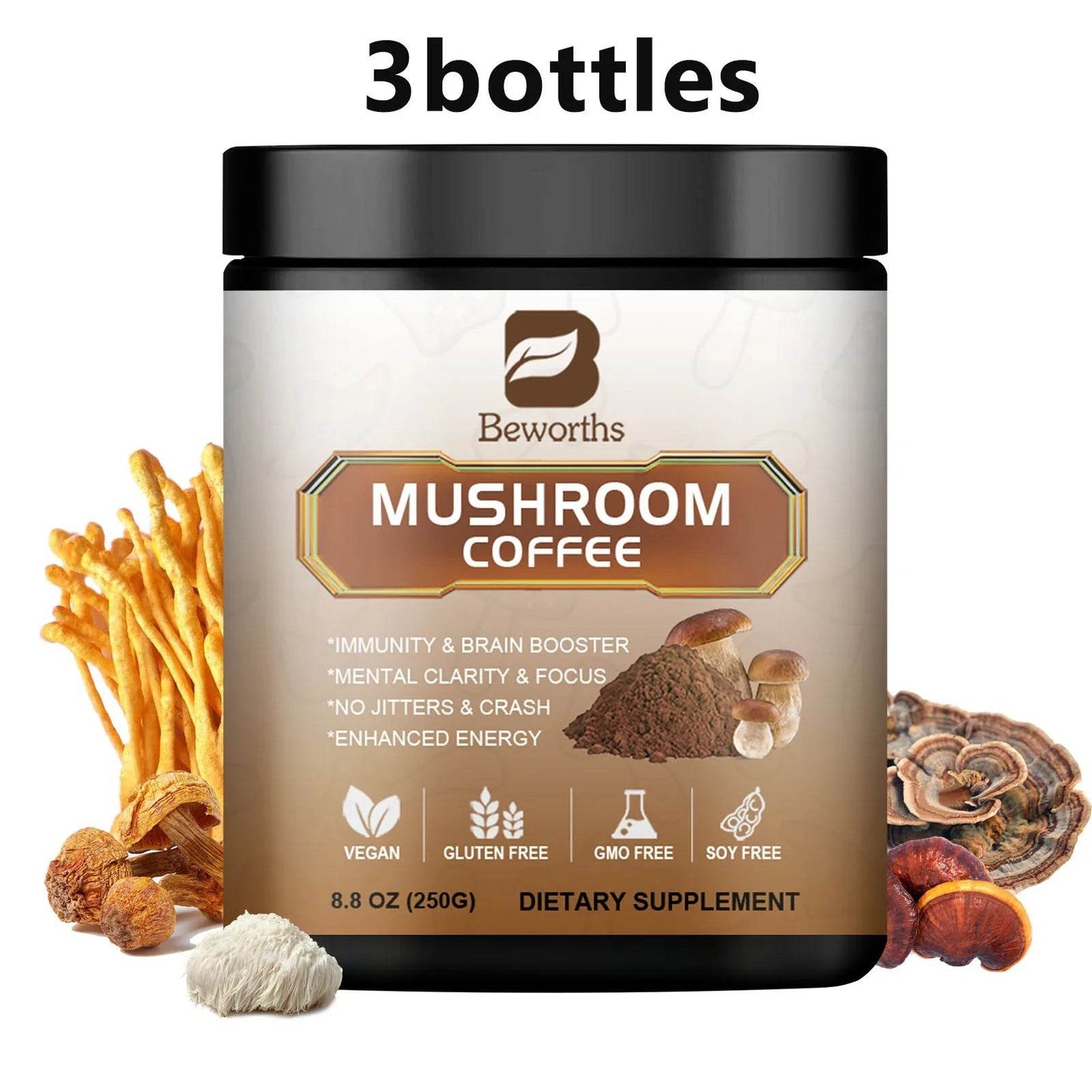 Mushroom Coffee with Cordyceps, Reishi & Lion's Mane Energy, Focus & Mood 250g 3bottles United States