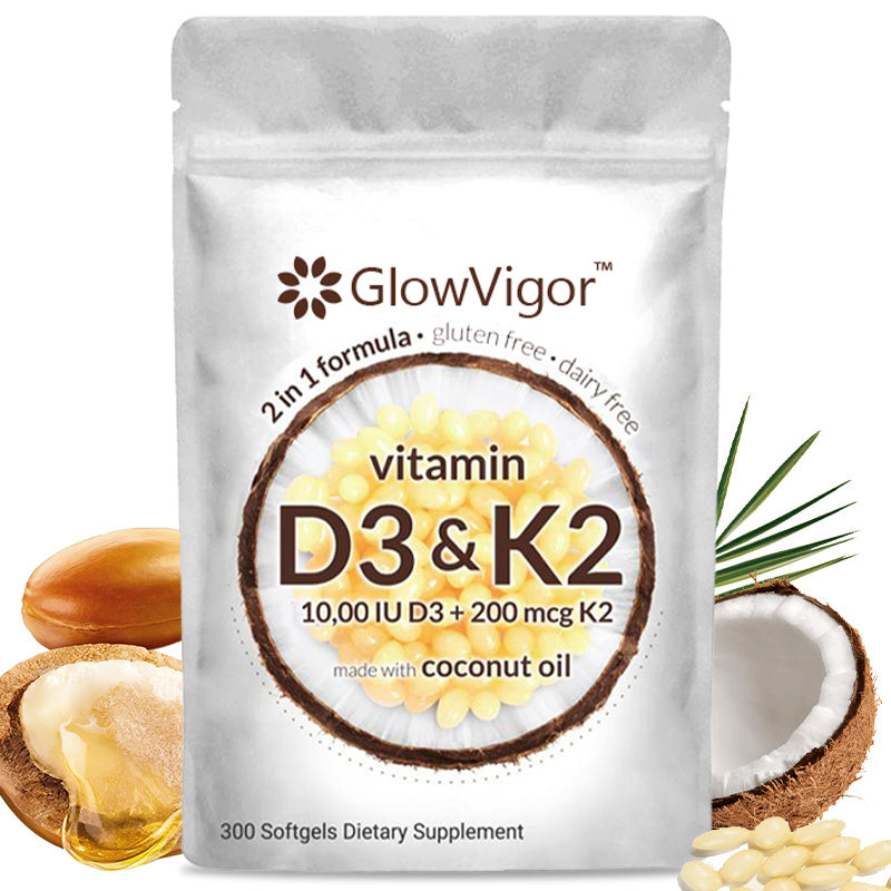 GlowVigor 2-in-1 Vitamin D3 K2 Supplement Softgel, 9999 IU VIT D3 200 MCG Vitamin K2, Free Of GMO, Gluten, Soy, Bone Health, Cardiovascular Health Support, Aiding In Calcium Absorption, 300 Pcs