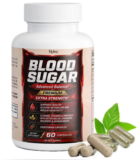 Supplement bottle labeled 'Blood Sugar' with capsules on a white background