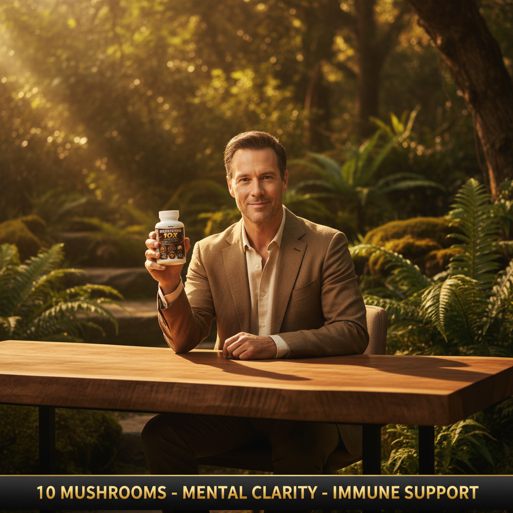Focused sharp-minded person holding Roksy Mushroom 10X bottle looking energized and mentally clear, lifestyle image showing best mushroom supplement for mental clarity immune support and vitality