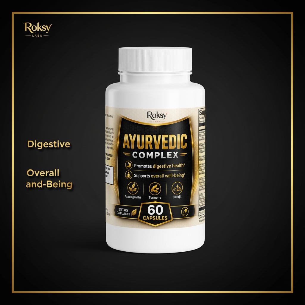 Roksy Ayurvedic Complex bottle on deep dark black and gold gradient background with metallic gold text panel listing 3 benefits: Digestive Health, Overall Well-Being, Ashwagandha and Shilajit