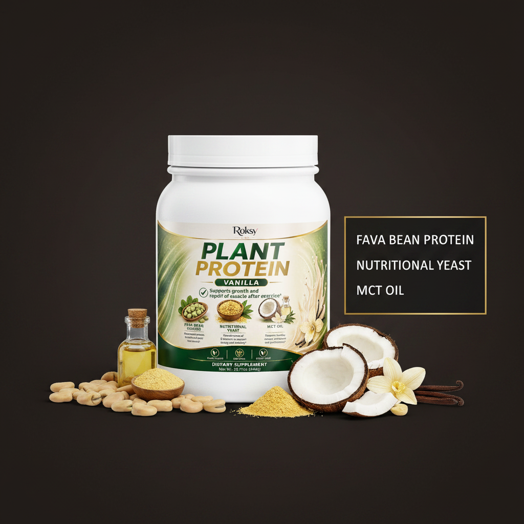 Roksy Plant Protein Powder Vanilla tub surrounded by fava beans, nutritional yeast powder and coconut MCT oil with clean gold-bordered panel listing 3 key ingredients: Fava Bean Protein, Nutritional Yeast, MCT Oil