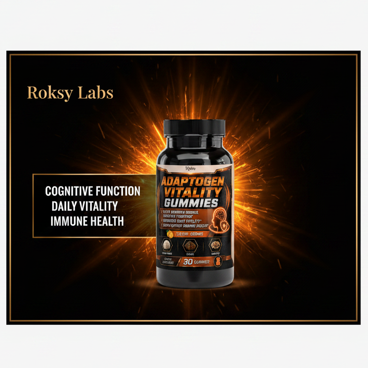 Roksy Adaptogen Vitality Gummies bottle on dark orange and gold gradient background with clean gold-bordered panel listing 3 benefits: Cognitive Function, Daily Vitality, Immune Health