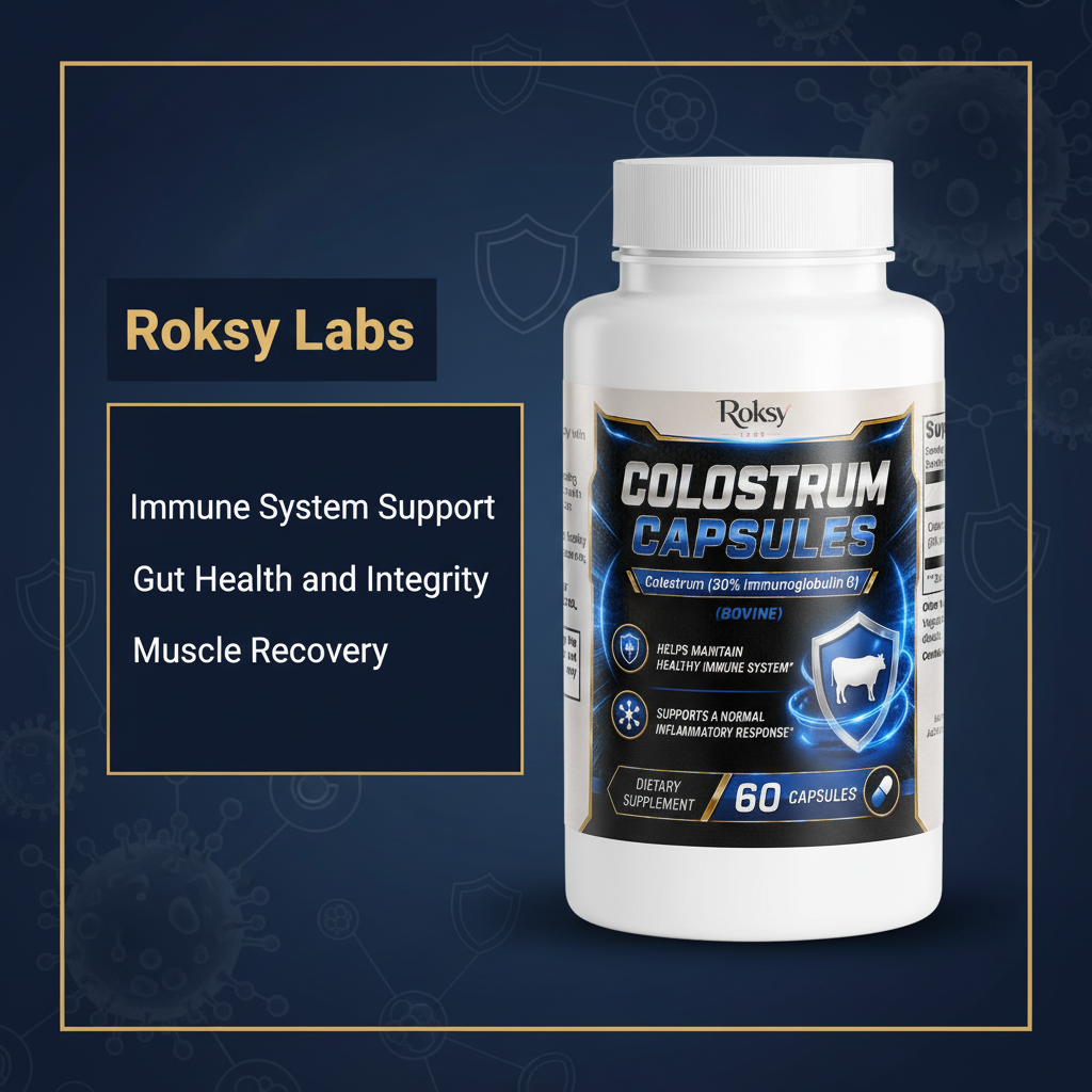 Roksy Bovine Colostrum Capsules bottle on deep navy blue and gold gradient background with clean gold-bordered panel listing 3 benefits: Immune System Support, Gut Health and Integrity, Muscle Recovery