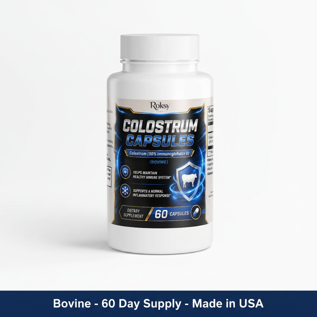 Roksy Bovine Colostrum Capsules bottle on clean light background with navy blue banner reading Bovine, 60 Day Supply, Made in USA
