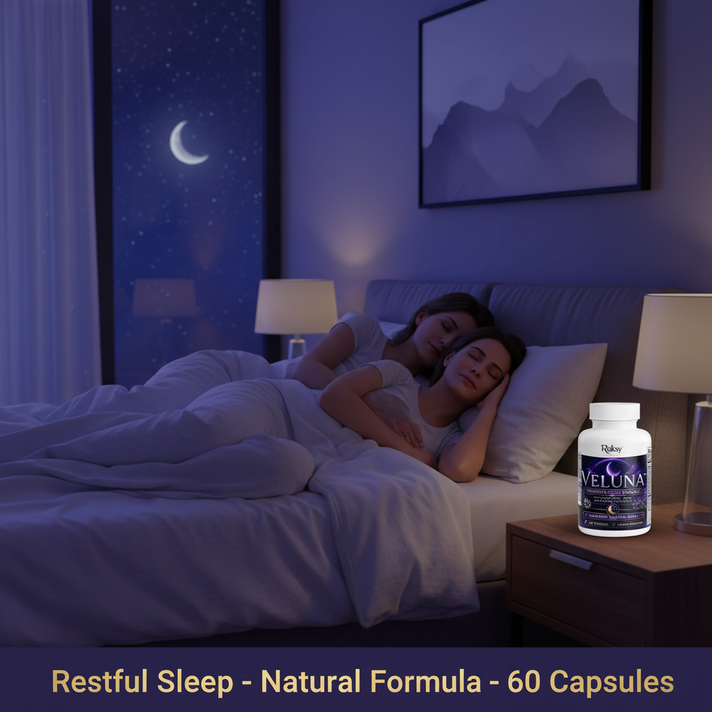 Peaceful man and woman sleeping deeply in a luxurious bed with Roksy Veluna Advanced Sleep Formula bottle on the nightstand, lifestyle image showing best natural sleep supplement with Melatonin GABA and Valerian for restful sleep