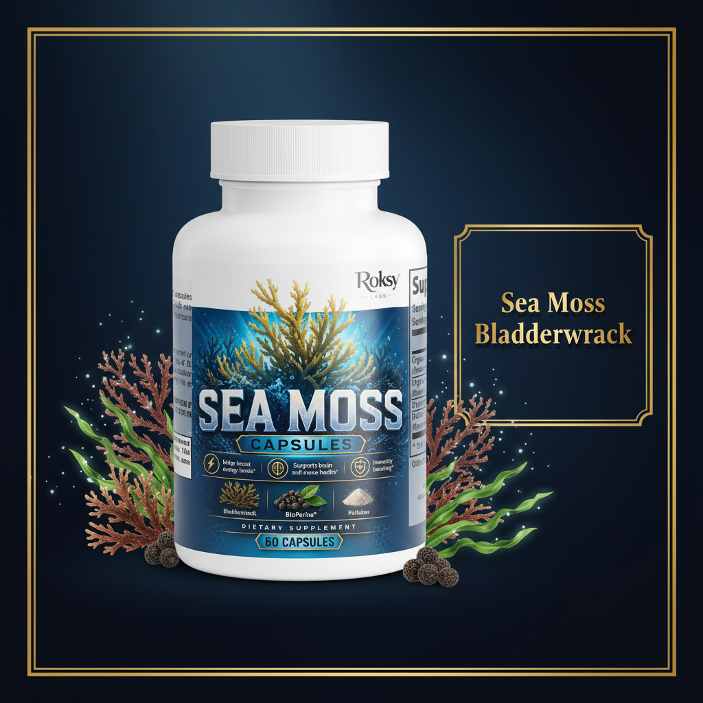 Roksy Sea Moss Capsules bottle surrounded by sea moss coral, bladderwrack and BioPerine with dark navy panel and metallic gold text listing 3 key ingredients: Sea Moss, Bladderwrack, BioPerine