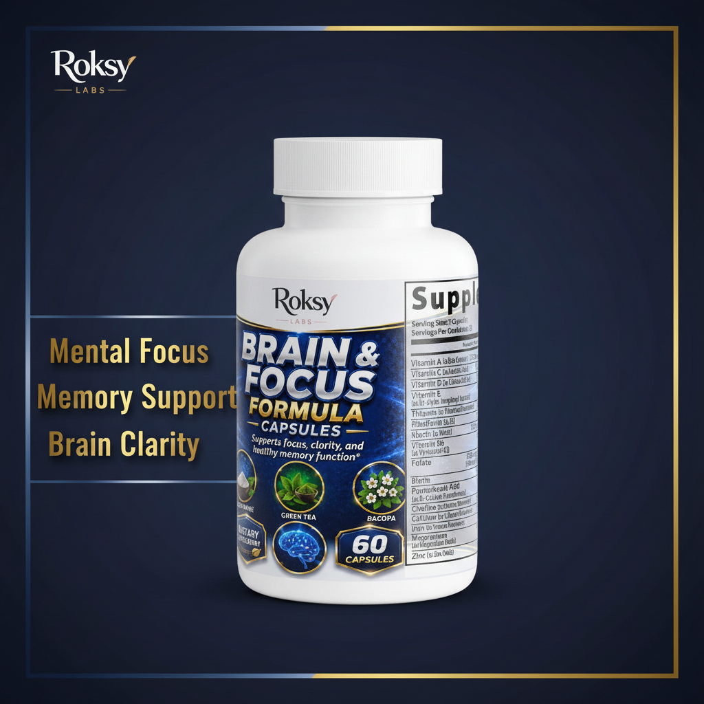 Roksy Brain and Focus Formula bottle on deep dark navy blue and gold gradient background with metallic gold text panel listing 3 benefits: Mental Focus, Memory Support, Brain Clarity