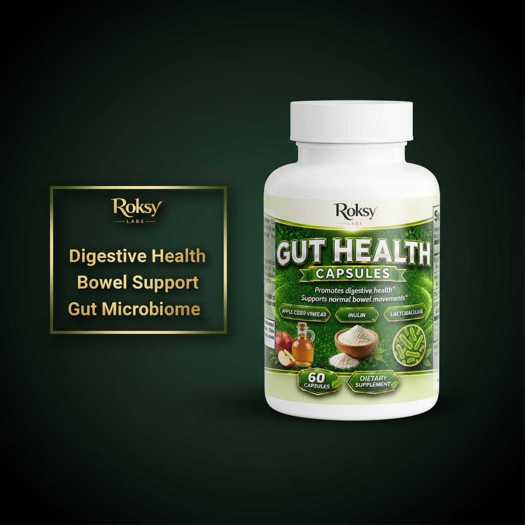 Roksy Gut Health Capsules bottle on deep dark green gradient background with metallic gold text panel listing 3 benefits: Digestive Health, Bowel Support, Gut Microbiome