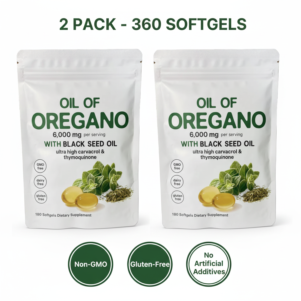 Two Roksy Oil of Oregano with Black Seed Oil white pouches side by side showing 2 Pack 360 Softgels value with three round badge seals: Non-GMO, Gluten-Free, No Artificial Additives