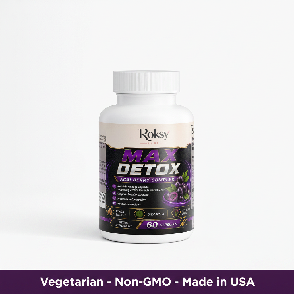 Roksy Max Detox Acai Berry Complex bottle on clean light background with dark purple banner reading Vegetarian, Non-GMO, Made in USA
