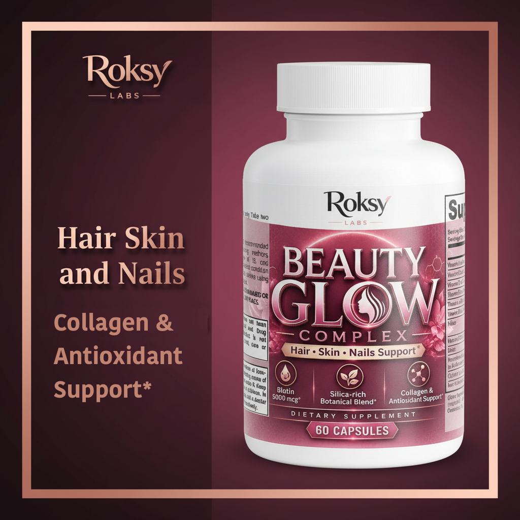 Roksy Beauty Glow Complex bottle on deep dark pink and rose gold gradient background with metallic rose gold text panel listing 3 benefits: Hair Skin and Nails, Biotin 5000mcg, Collagen Support