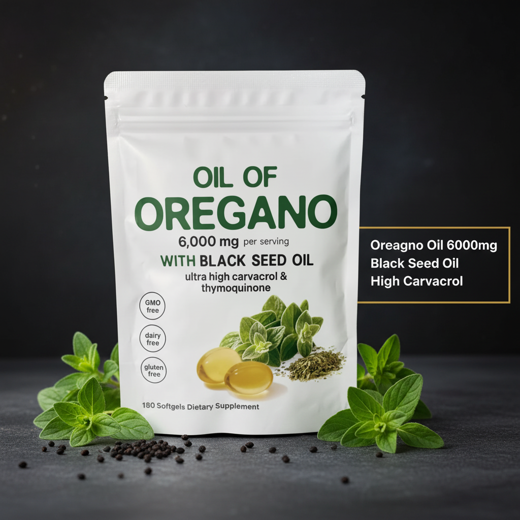 Roksy Oil of Oregano with Black Seed Oil pouch surrounded by fresh oregano leaves and black seeds with clean gold-bordered panel listing 3 key ingredients: Oregano Oil 6000mg, Black Seed Oil, High Carvacrol