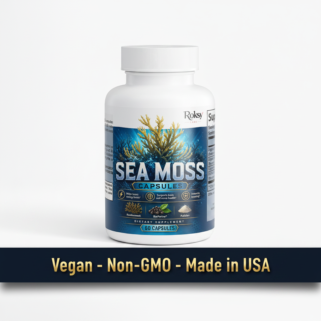 Roksy Sea Moss Capsules bottle on clean light background with dark navy banner and metallic gold text reading Vegan, Non-GMO, Made in USA
