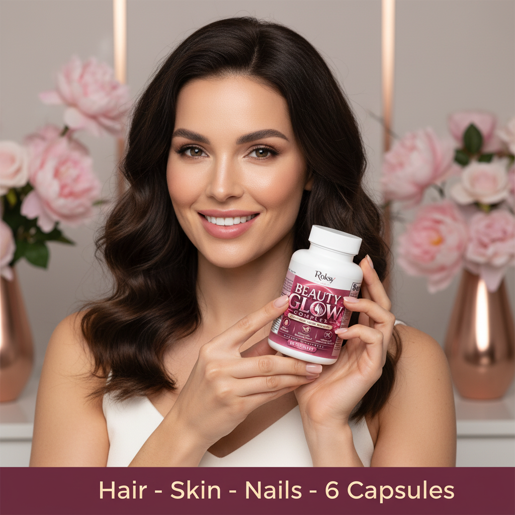 Beautiful confident woman with glowing skin thick shiny hair and healthy nails holding Roksy Beauty Glow Complex bottle, lifestyle image showing best hair skin and nails supplement with Biotin 5000mcg and Collagen Support