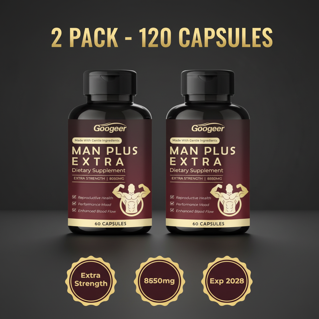 Two Googeer Man Plus Extra Strength 8050mg dark burgundy bottles side by side showing 2 Pack 120 Capsules value with three round badge seals: Extra Strength, 8050mg, Exp 2028