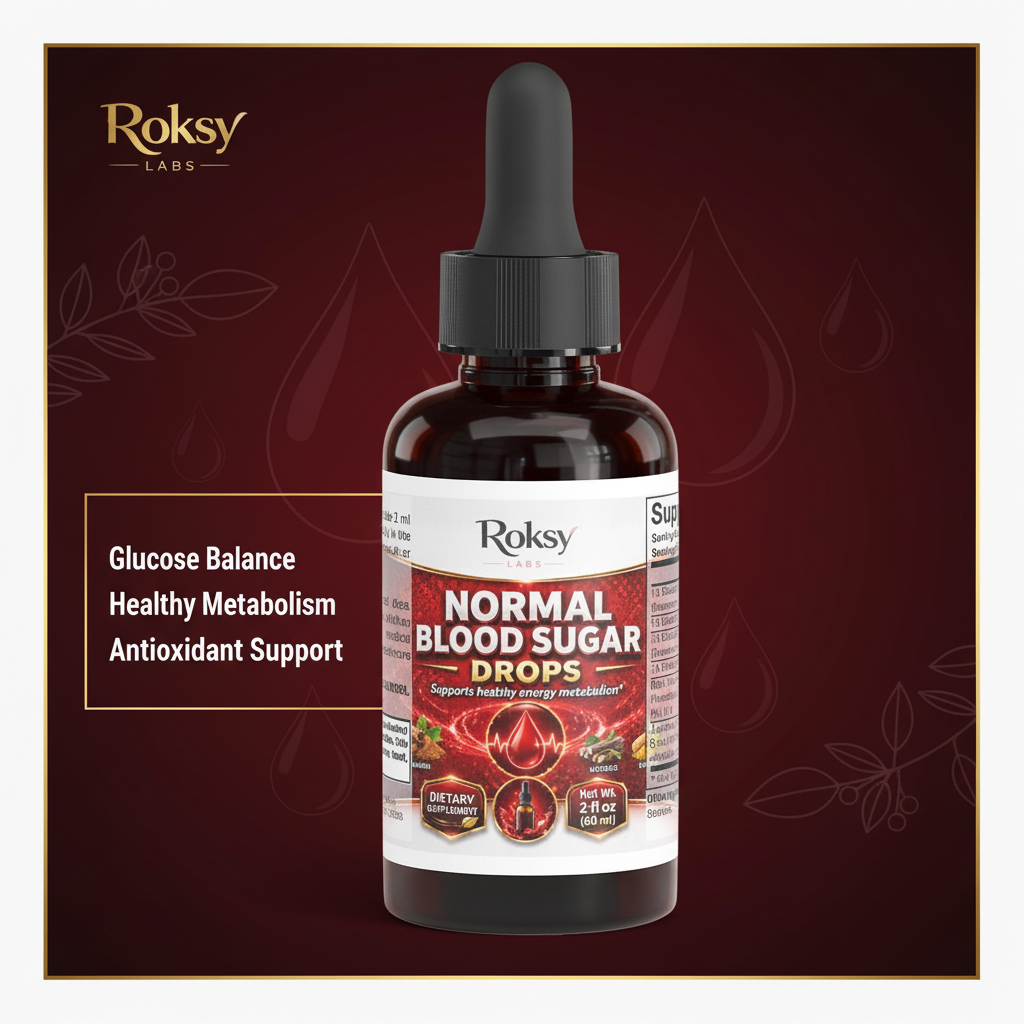 Roksy Normal Blood Sugar Drops bottle on deep red gradient background with clean gold-bordered panel listing 3 benefits: Glucose Balance, Healthy Metabolism, Antioxidant Support