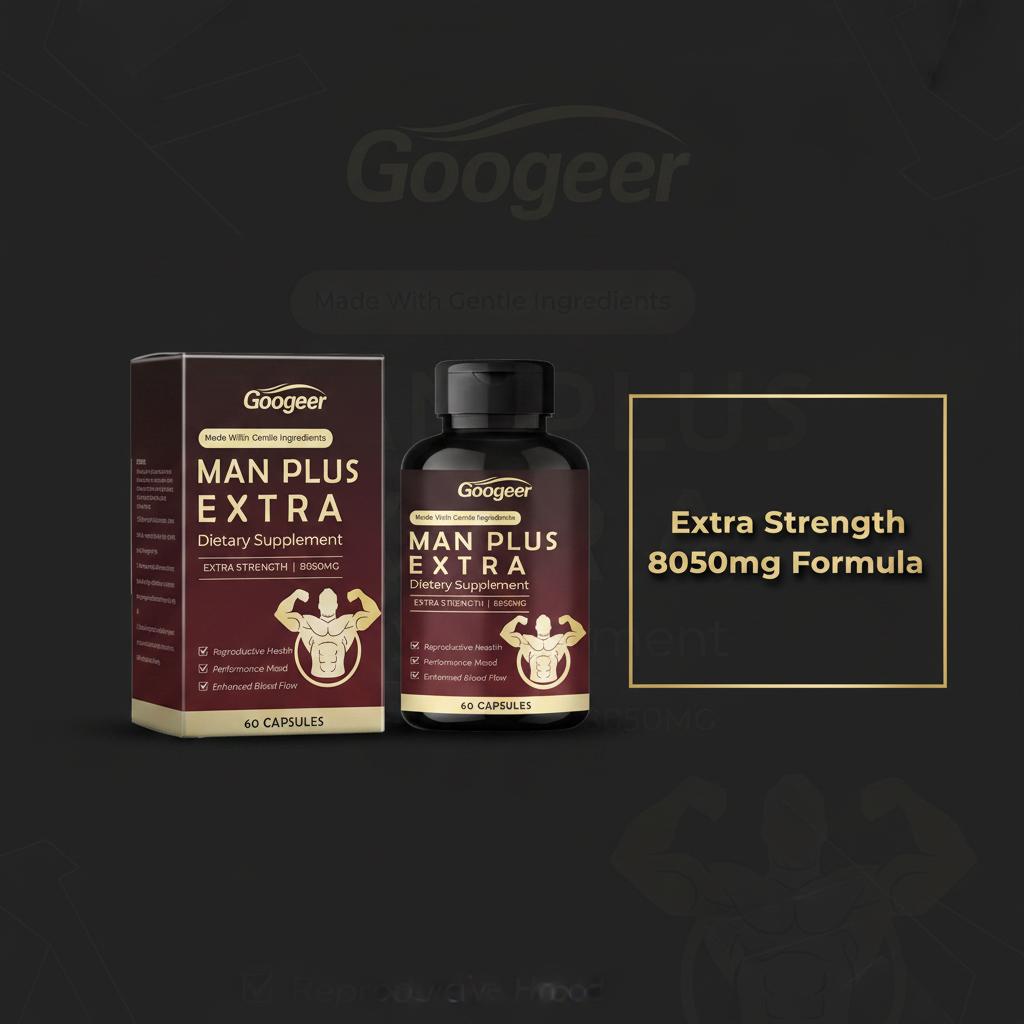 Googeer Man Plus Extra Strength 8050mg bottle and box set on dark background with metallic gold text panel showing Extra Strength, 8050mg Formula, 60 Capsules