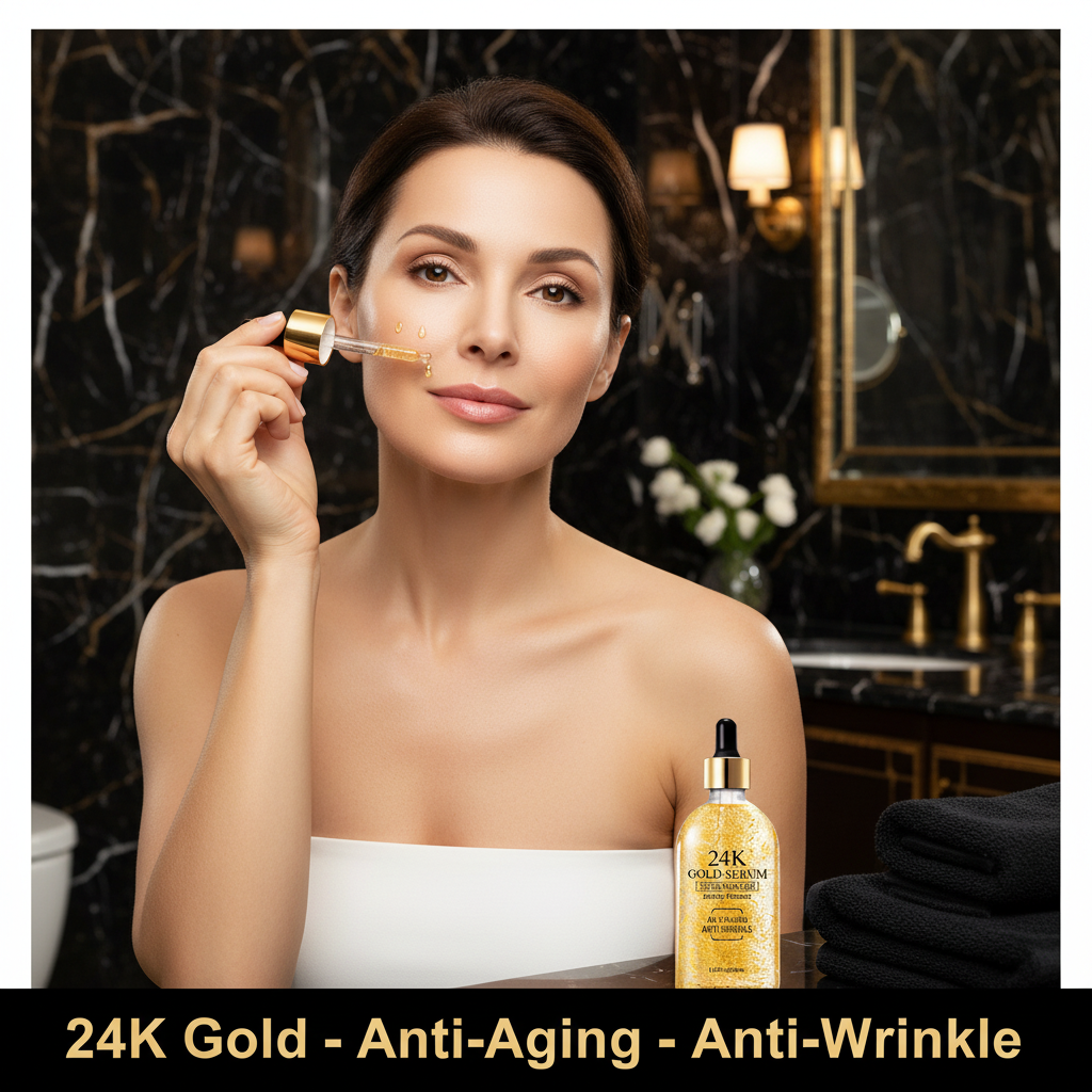 Elegant woman with flawless glowing skin applying Beauty Glamor 24K Gold Serum from a gold dropper bottle in a luxurious bathroom setting, lifestyle image showing best anti-aging anti-wrinkle face serum