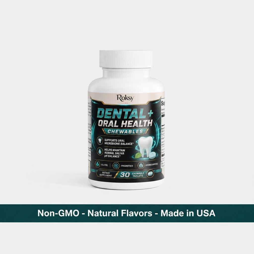 Roksy Dental+ Oral Health Chewables bottle on clean light background with dark teal banner reading Non-GMO, Natural Flavors, Made in USA