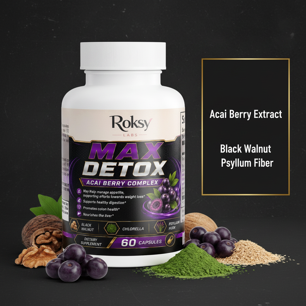 Roksy Max Detox Acai Berry Complex bottle surrounded by acai berries, black walnut, chlorella and psyllium husk with clean gold-bordered panel listing 3 key ingredients: Acai Berry Extract, Black Walnut, Psyllium Fiber
