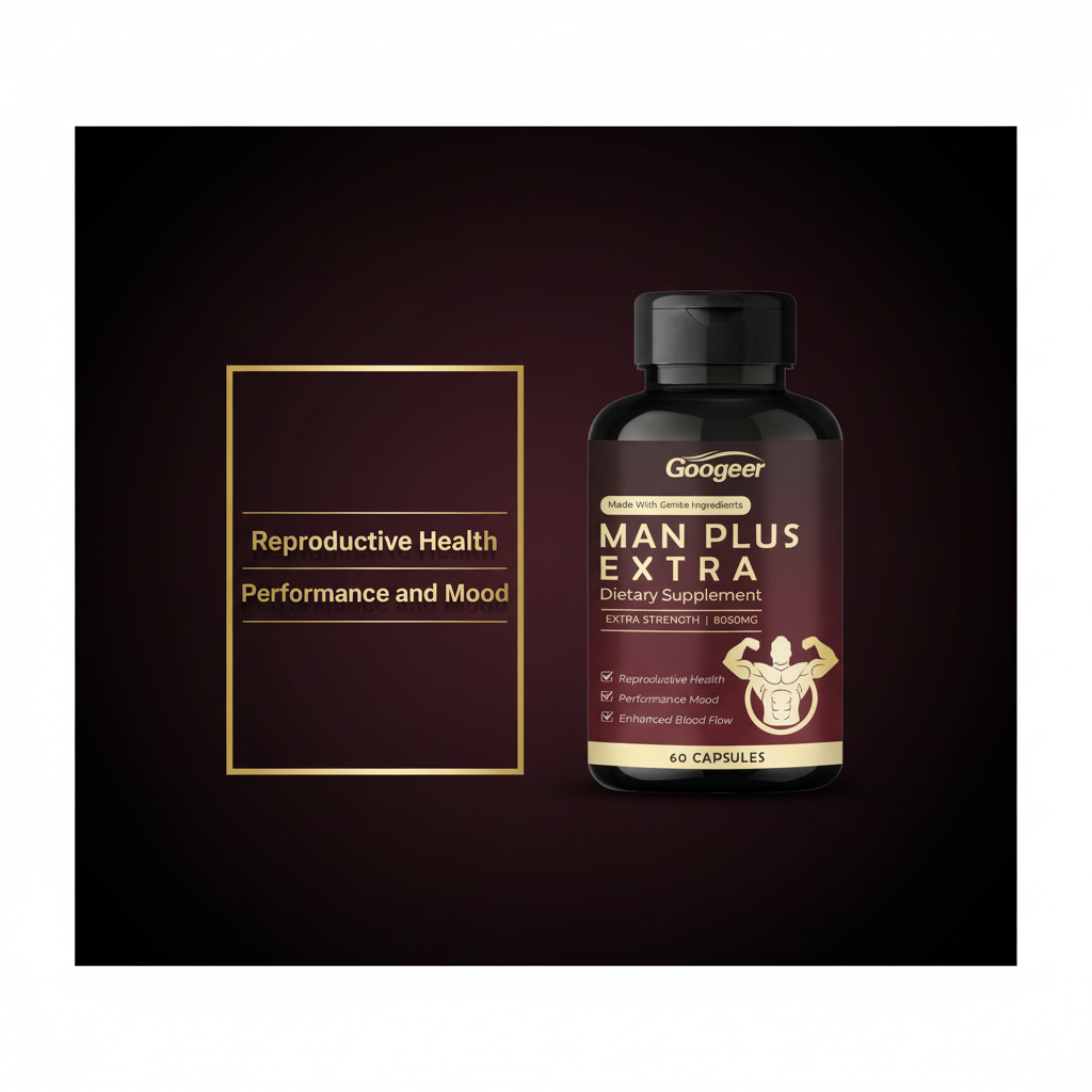 Googeer Man Plus Extra Strength 8050mg bottle on dark burgundy gradient background with metallic gold text panel listing 3 benefits: Reproductive Health, Performance and Mood, Enhanced Blood Flow