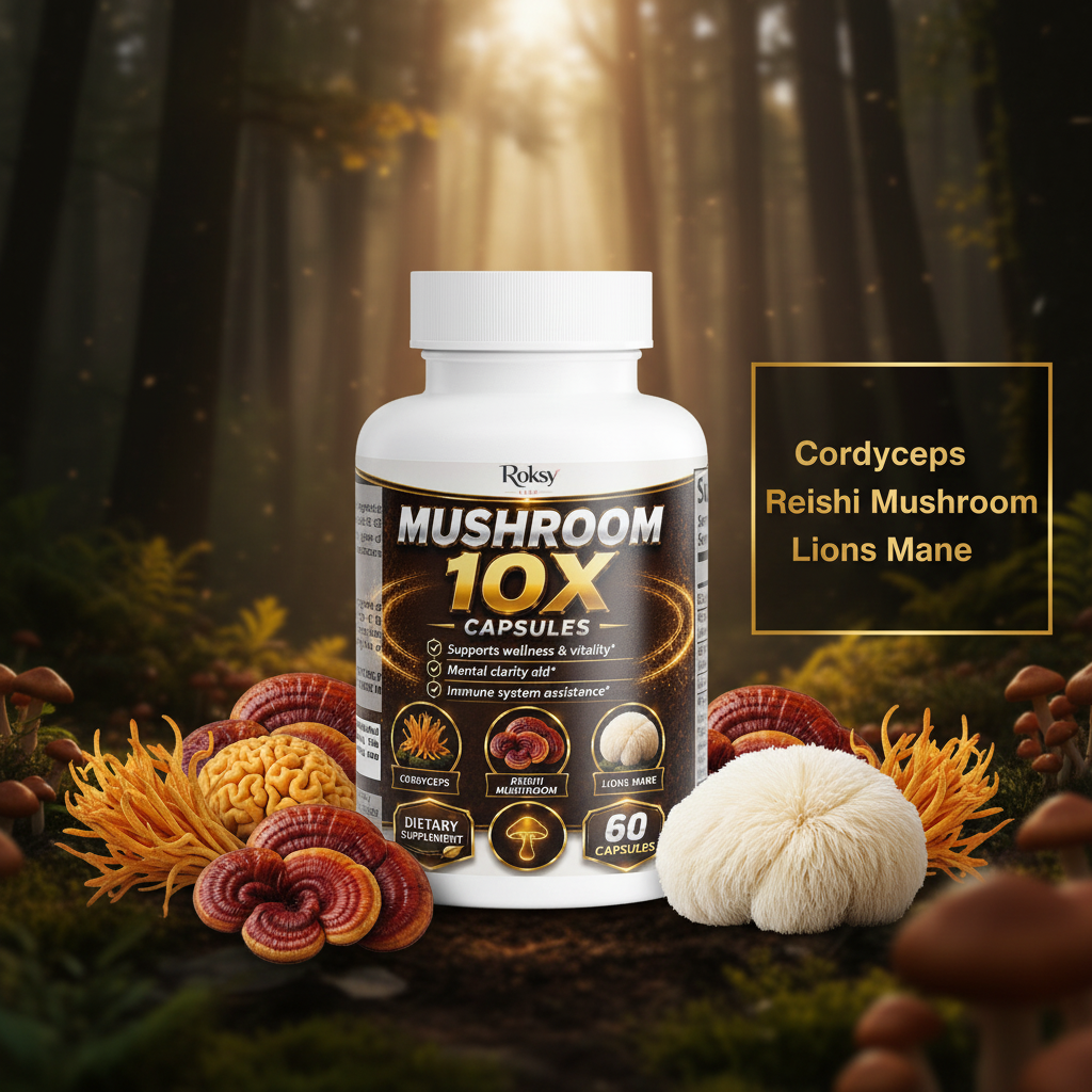Roksy Mushroom 10X bottle surrounded by cordyceps, reishi mushroom and lions mane with metallic gold text panel listing 3 key mushrooms: Cordyceps, Reishi Mushroom, Lions Mane