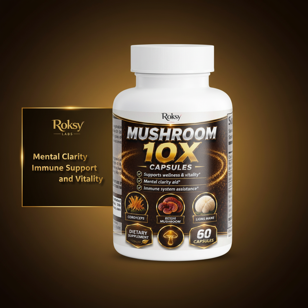 Roksy Mushroom 10X Capsules bottle on deep dark brown and gold gradient background with metallic gold text panel listing 3 benefits: Mental Clarity, Immune Support, Wellness and Vitality