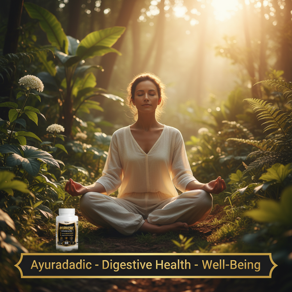 Serene healthy person meditating in yoga pose outdoors in lush green nature with golden sunrise light, lifestyle image showing best ayurvedic complex supplement for digestive health and overall well-being