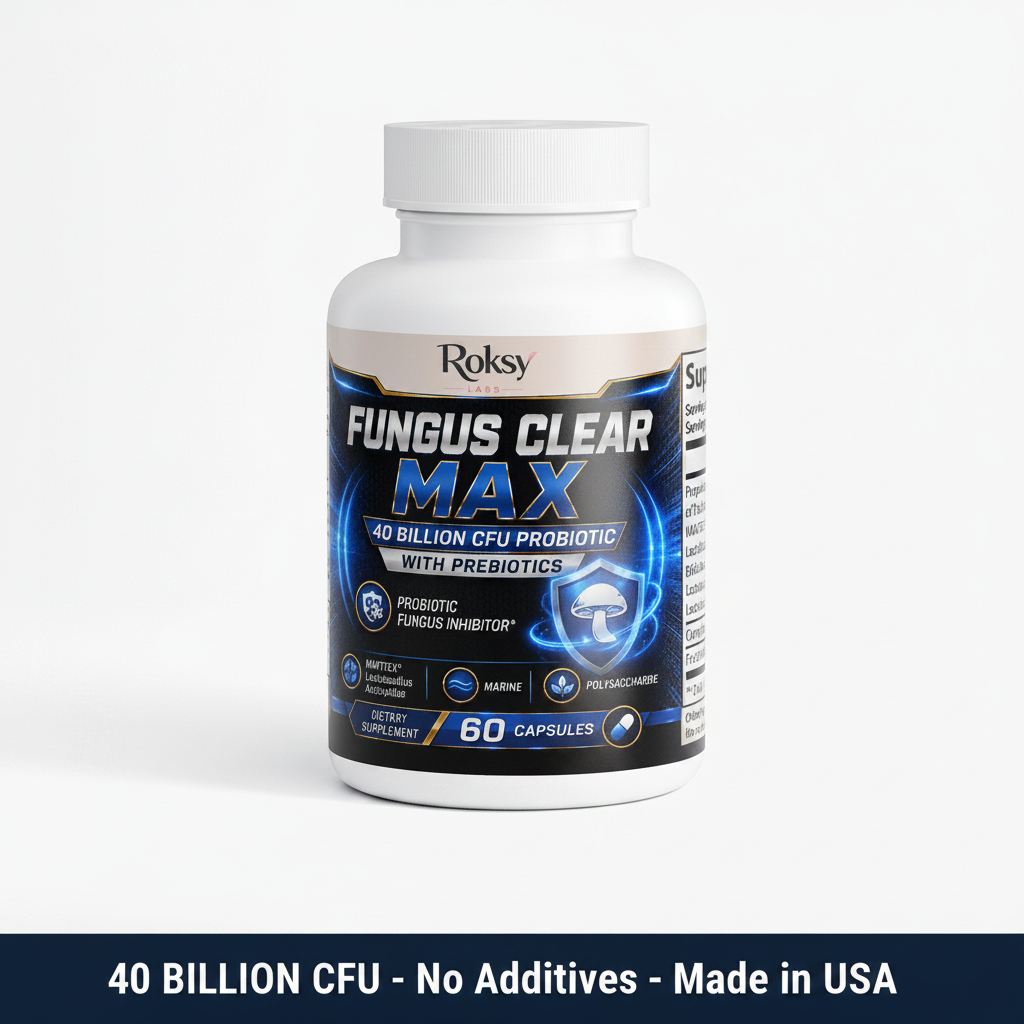 Roksy Fungus Clear Max bottle on clean light background with dark navy blue banner reading 40 Billion CFU, No Additives, Made in USA