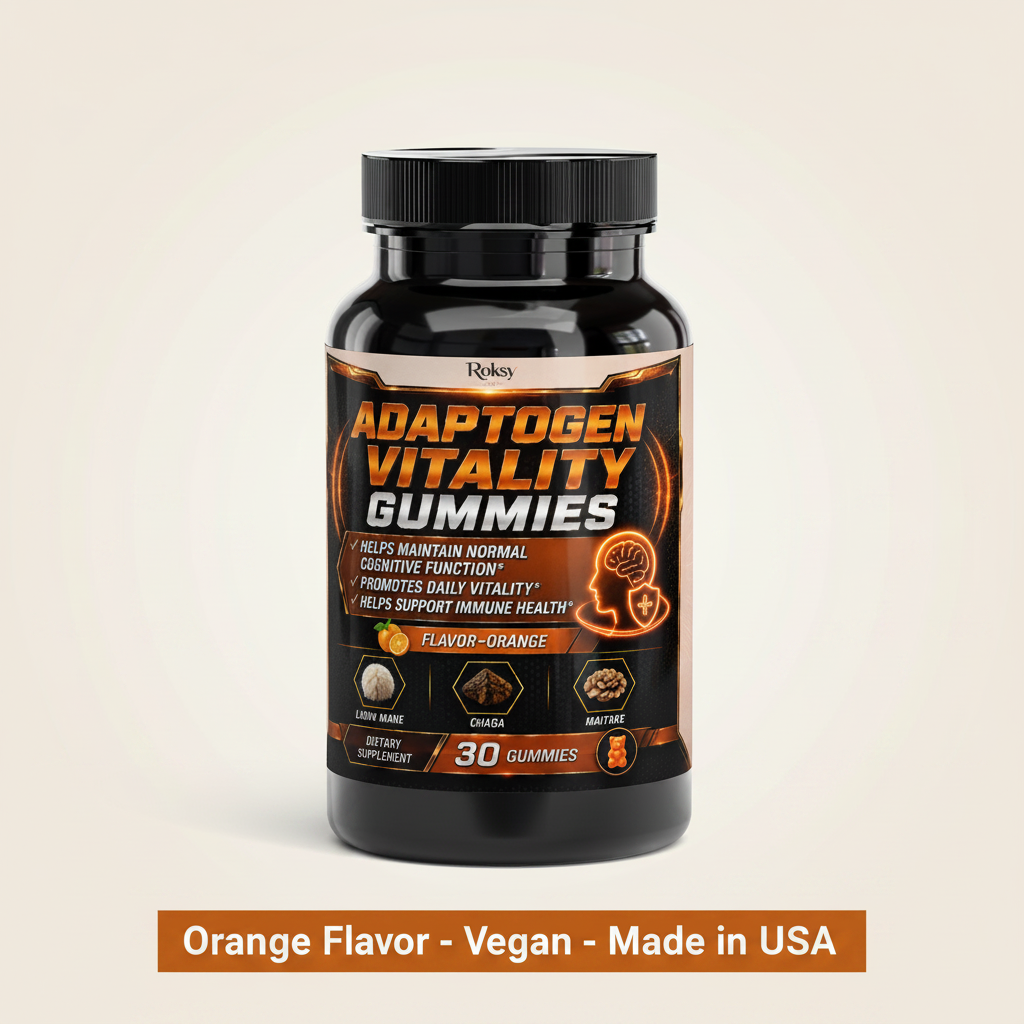 Roksy Adaptogen Vitality Gummies bottle on clean warm background with dark orange banner reading Orange Flavor, Vegan, Made in USA