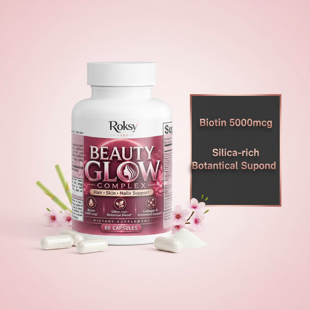 Roksy Beauty Glow Complex bottle surrounded by biotin capsules, bamboo shoots and collagen powder with metallic rose gold text panel listing 3 key ingredients: Biotin 5000mcg, Silica Botanical Blend, Collagen Support