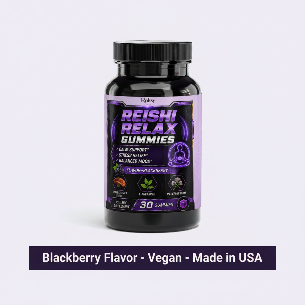 Roksy Reishi Relax Gummies bottle on clean lavender background with dark purple banner reading Blackberry Flavor, Vegan, Made in USA