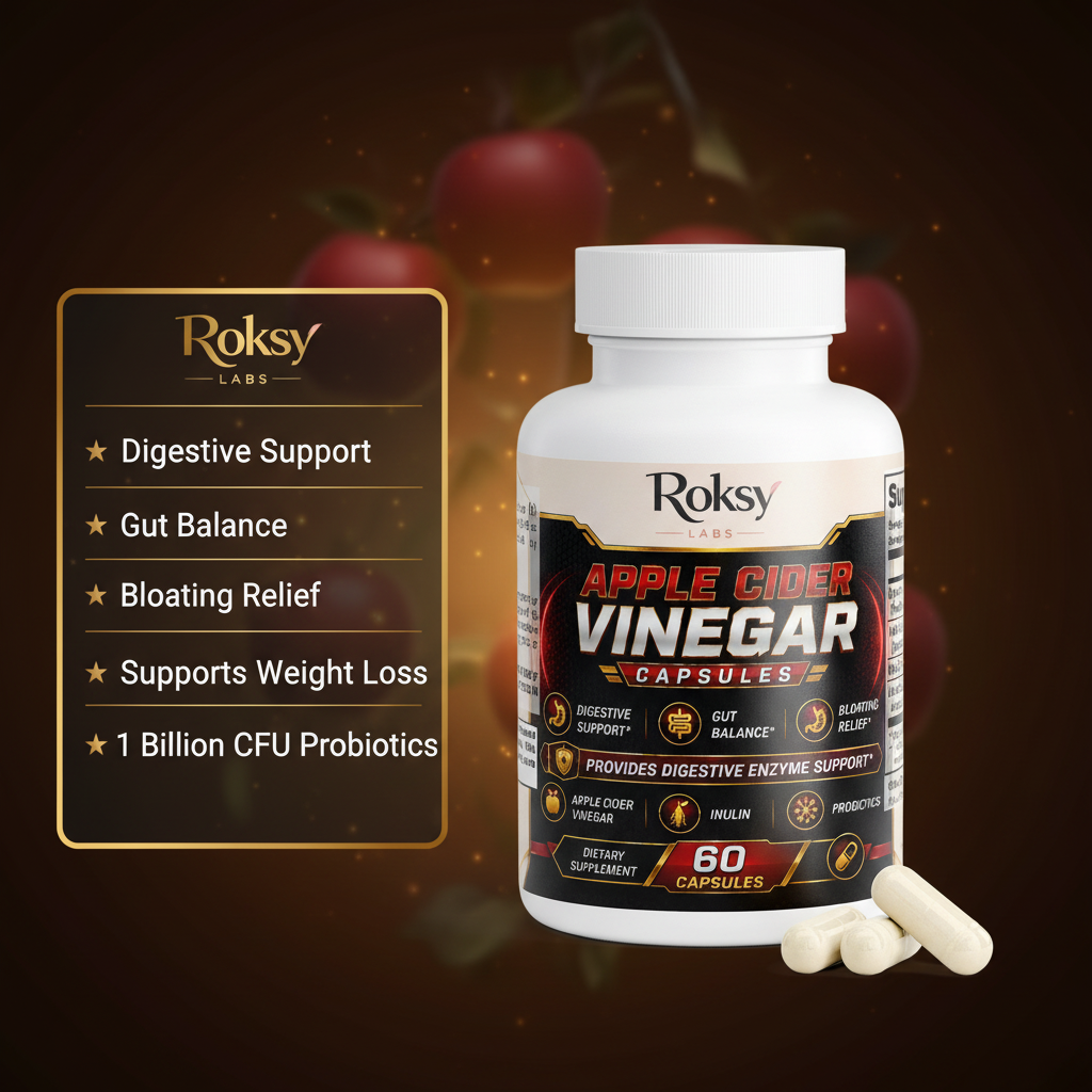 Roksy Apple Cider Vinegar Capsules bottle on dark red gradient background with gold-bordered panel listing benefits: Digestive Support, Gut Balance, Bloating Relief, Supports Weight Loss, 1 Billion CFU Probiotics, 60 Capsules