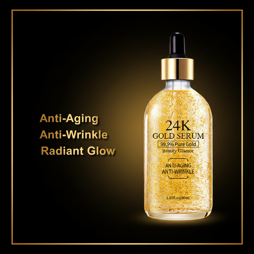 Beauty Glamor 24K Gold Serum bottle on deep black and gold gradient background with metallic gold text panel listing 3 benefits: Anti-Aging, Anti-Wrinkle, Radiant Glow