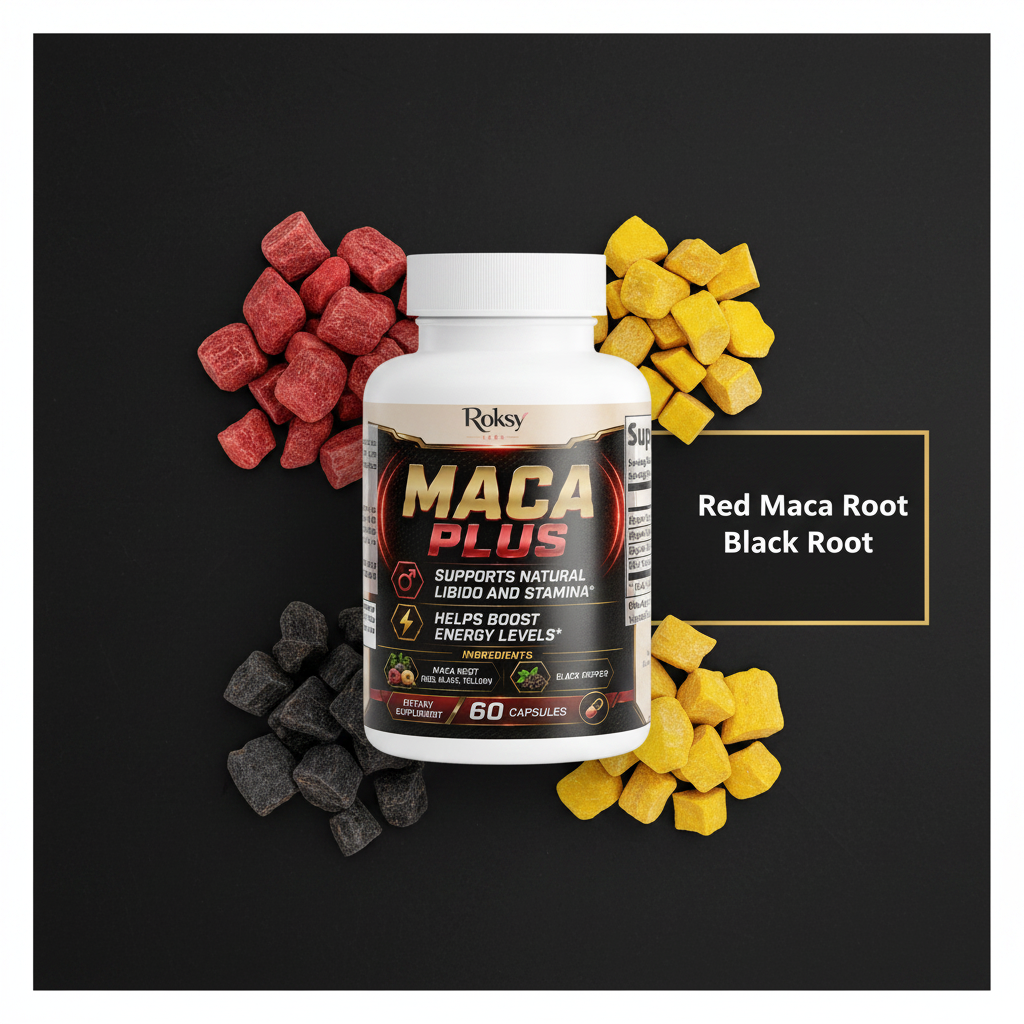 Roksy Maca Plus bottle surrounded by red, black and yellow maca root with clean gold-bordered panel listing 3 key ingredients: Red Maca Root, Black Maca Root, Yellow Maca Root