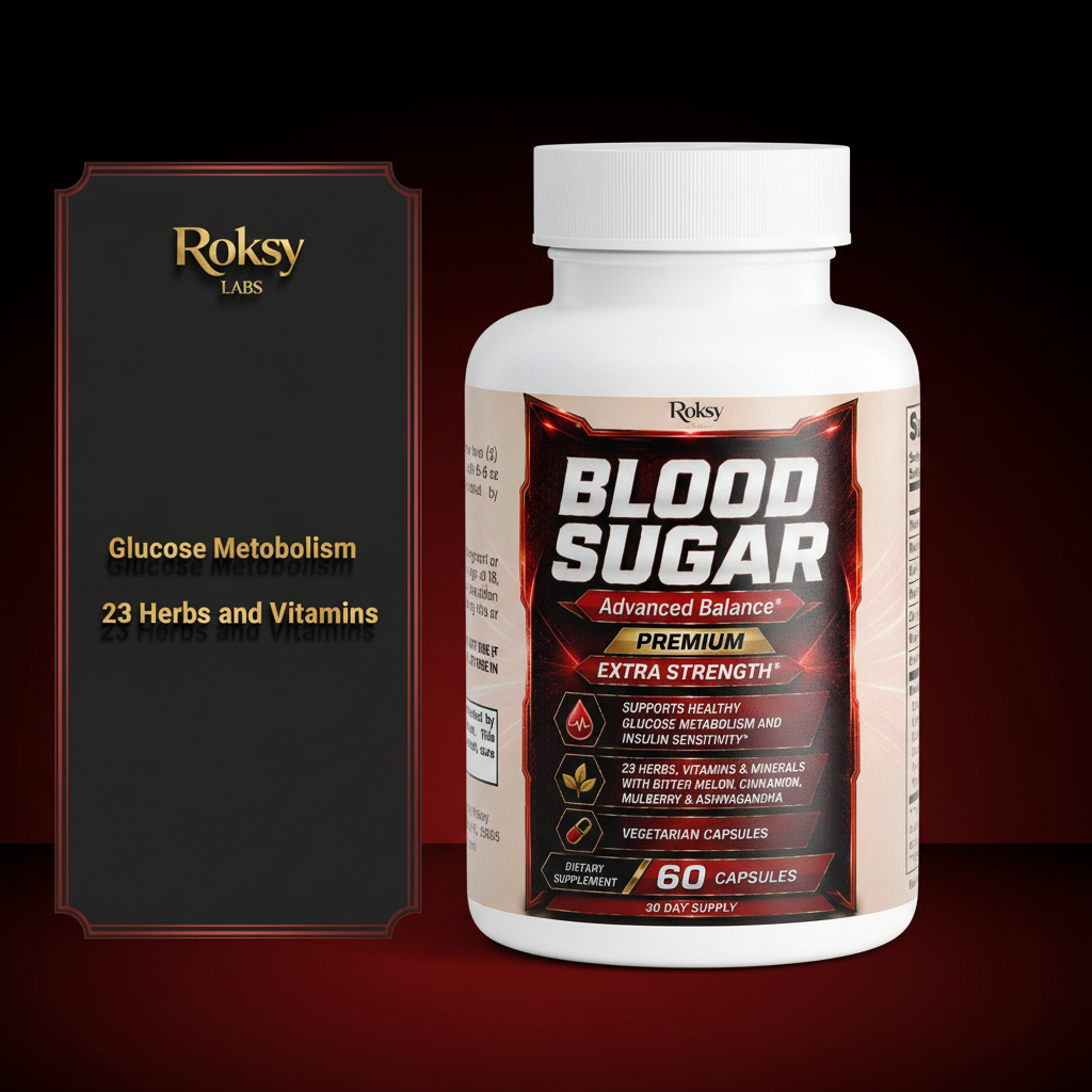 Roksy Blood Sugar Advanced Balance Premium Extra Strength bottle on dark red and black gradient background with metallic gold text panel listing 3 benefits: Glucose Metabolism, Insulin Sensitivity, 23 Herbs and Vitamins