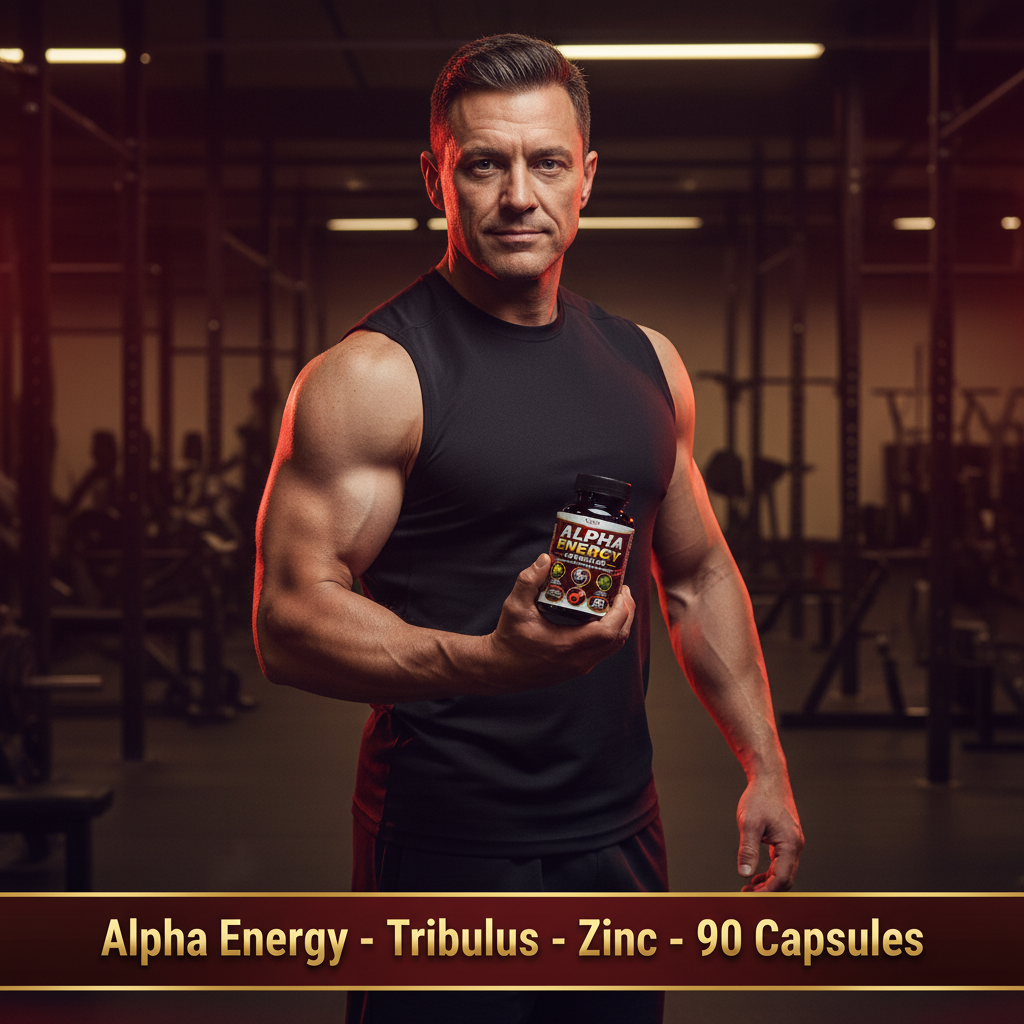 Powerful athletic man holding Roksy Alpha Energy dark bottle in a dramatic gym setting with red and gold lighting, lifestyle image showing best testosterone and male vitality supplement with Tribulus and Zinc