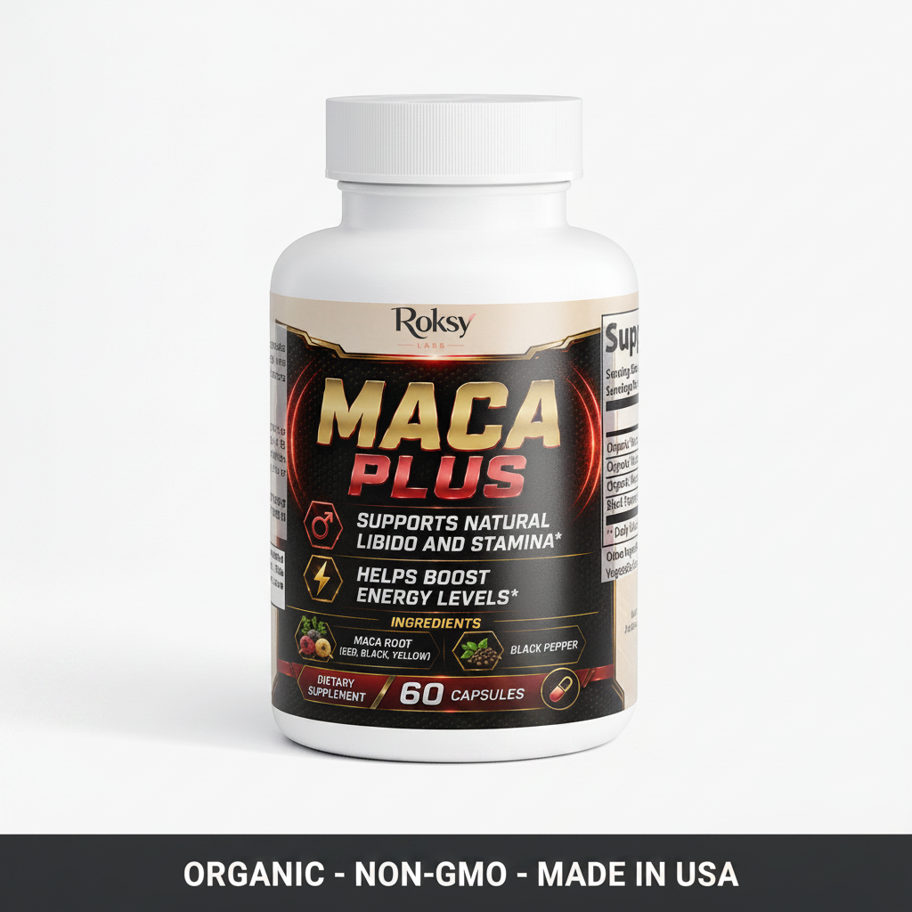 Roksy Maca Plus bottle on clean light background with dark banner reading Organic, Non-GMO, Made in USA