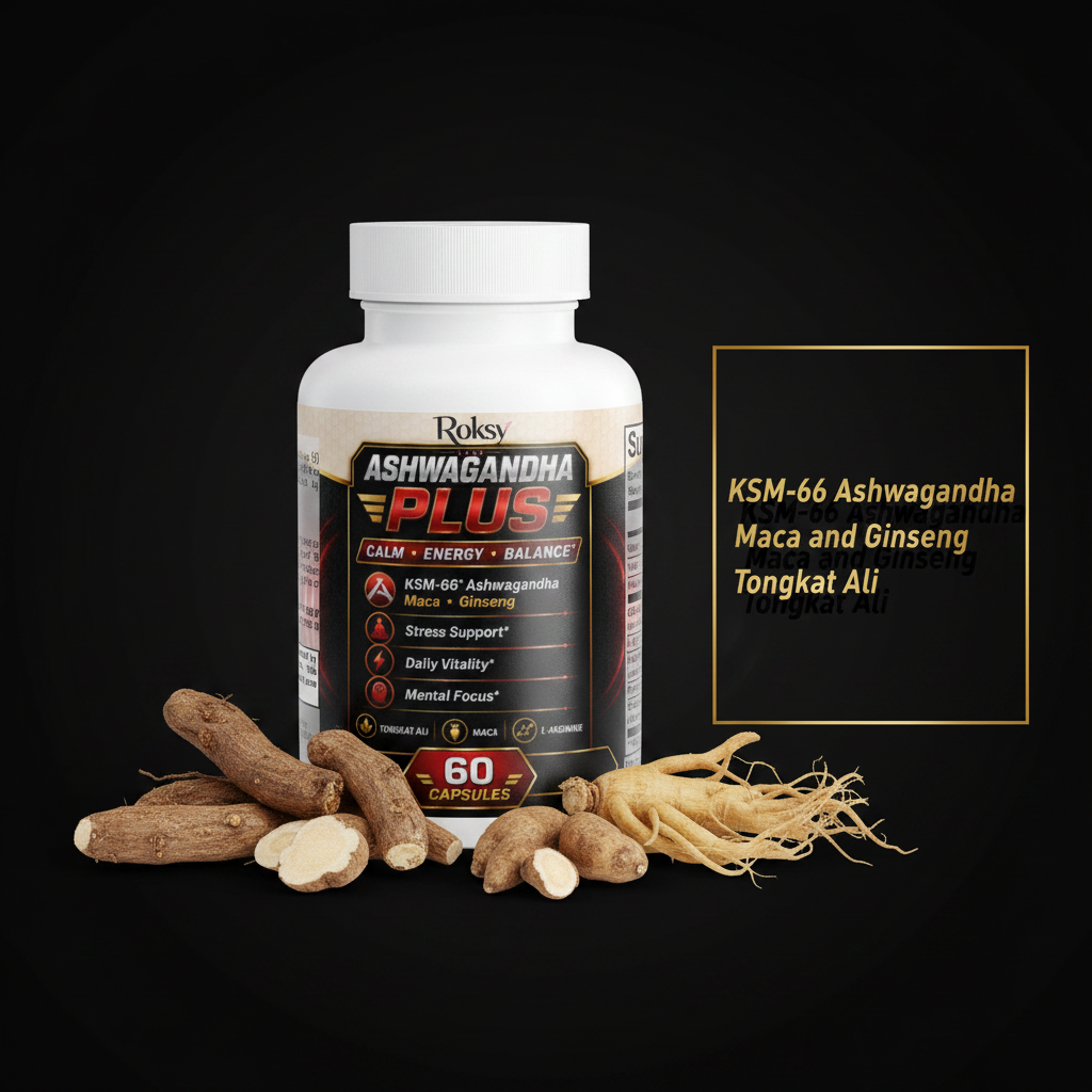 Roksy Ashwagandha Plus bottle surrounded by ashwagandha root, maca root and ginseng root with metallic gold text panel listing 3 key ingredients: KSM-66 Ashwagandha, Maca and Ginseng, Tongkat Ali