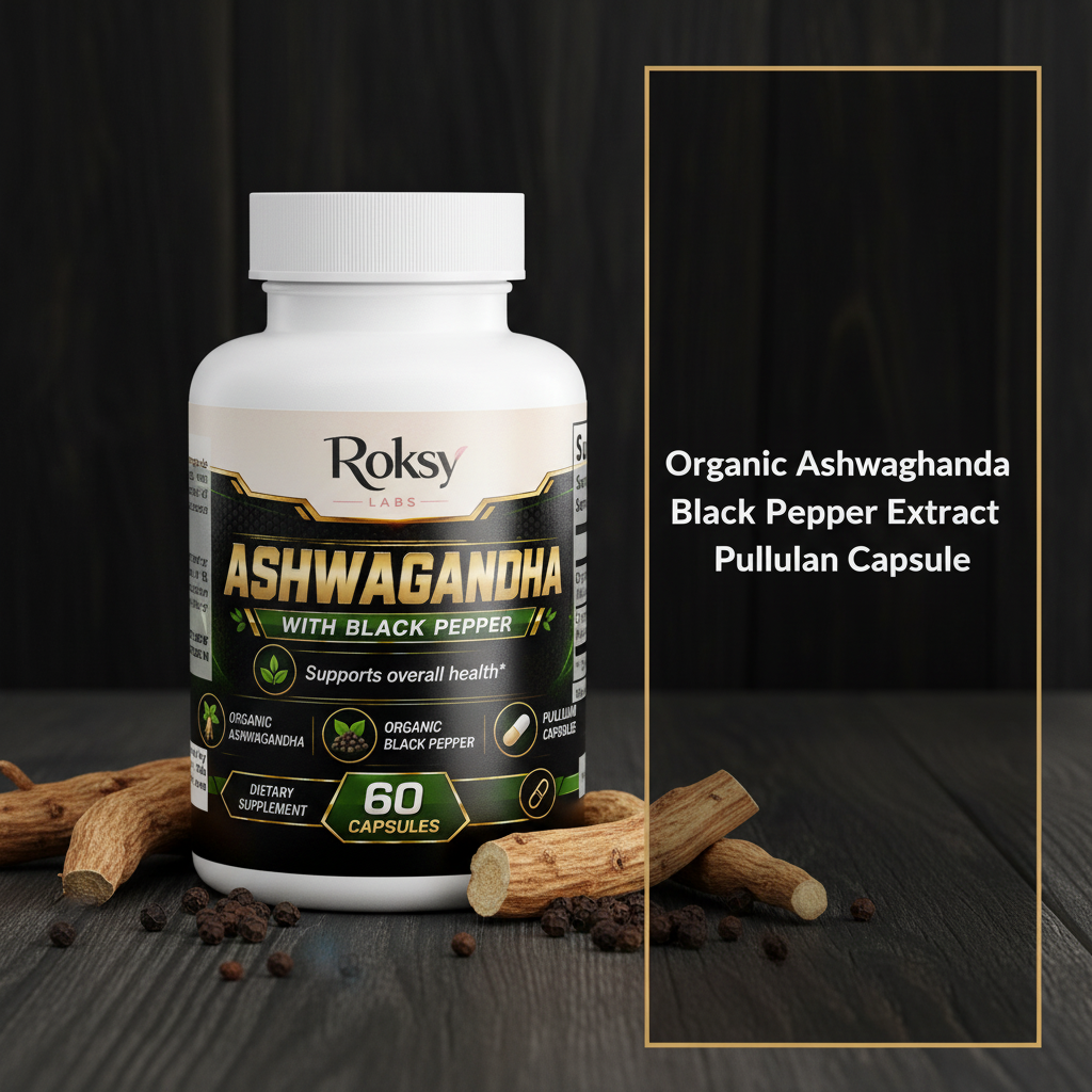 Roksy Ashwagandha with Black Pepper bottle surrounded by ashwagandha root and black pepper with clean gold-bordered panel listing 3 key ingredients: Organic Ashwagandha, Black Pepper Extract, Pullulan Capsule