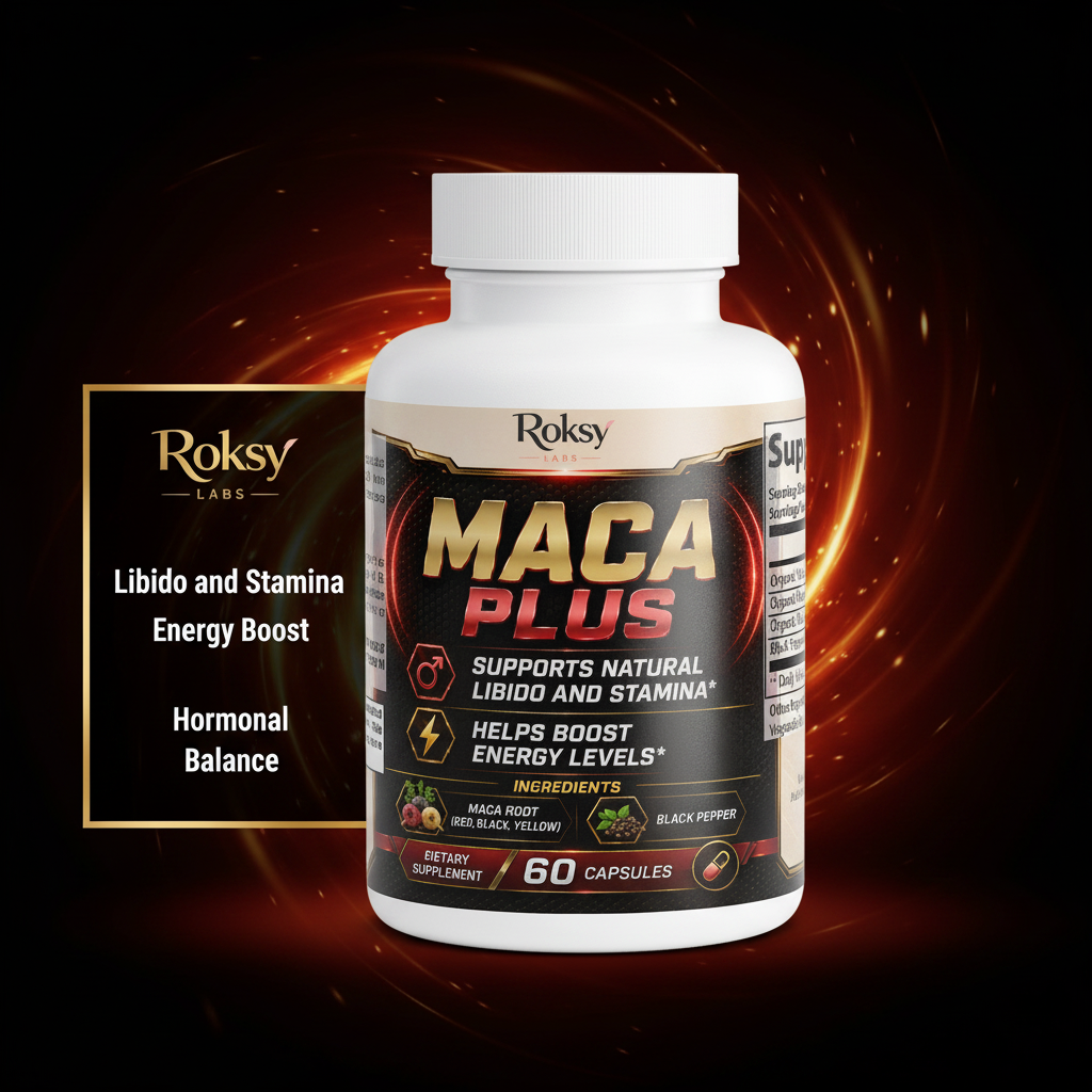 Roksy Maca Plus bottle on dark red and gold gradient background with clean gold-bordered panel listing 3 benefits: Libido and Stamina, Energy Boost, Hormonal Balance