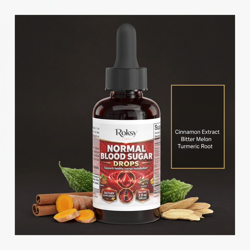 Roksy Normal Blood Sugar Drops bottle surrounded by cinnamon sticks, turmeric root, bitter melon and licorice root with clean gold-bordered panel listing 3 key ingredients: Cinnamon Extract, Bitter Melon, Turmeric Root