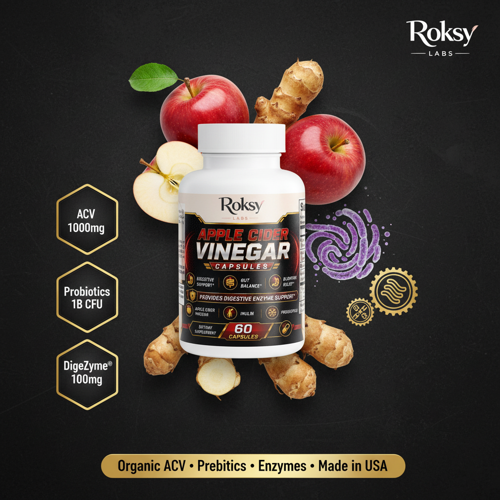 Roksy Apple Cider Vinegar Capsules bottle surrounded by fresh red apples and Jerusalem artichoke root with gold hexagonal badges showing ACV 1000mg, Probiotics 1B CFU and DigeZyme 100mg, banner reading Organic ACV · Prebiotics · Probiotics · Enzymes · Made in USA