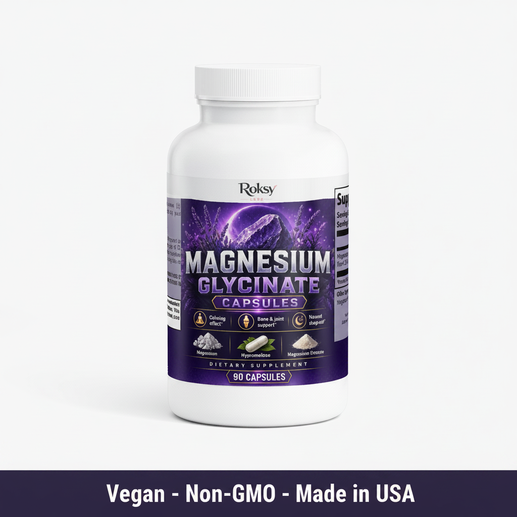 Roksy Magnesium Glycinate bottle on clean light background with dark purple banner reading Vegan, Non-GMO, Made in USA