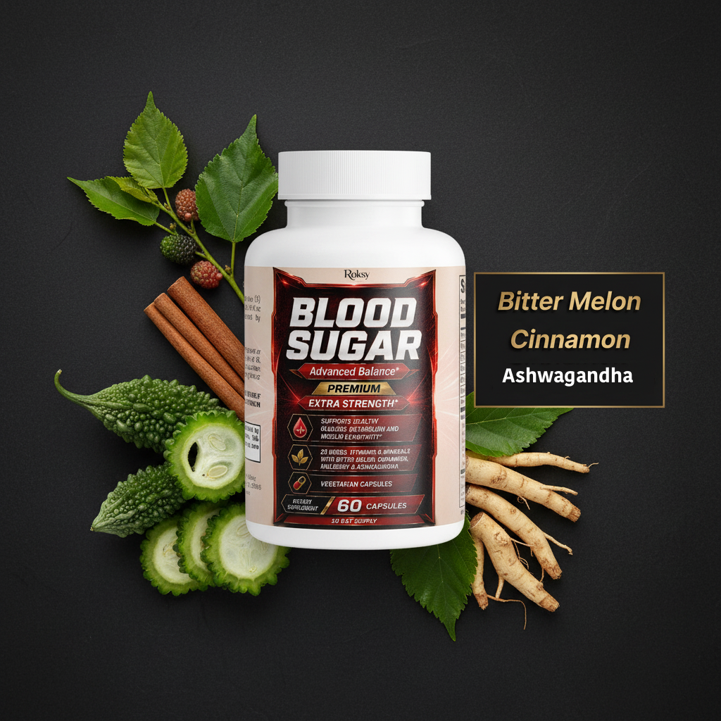Roksy Blood Sugar Advanced Balance bottle surrounded by bitter melon, cinnamon sticks, mulberry and ashwagandha root with metallic gold text panel listing 3 key ingredients: Bitter Melon, Cinnamon, Ashwagandha